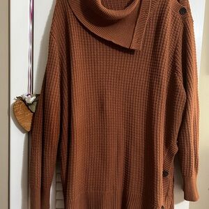 Woman Within Brown Cowl Neck Sweater with Waffle Knit